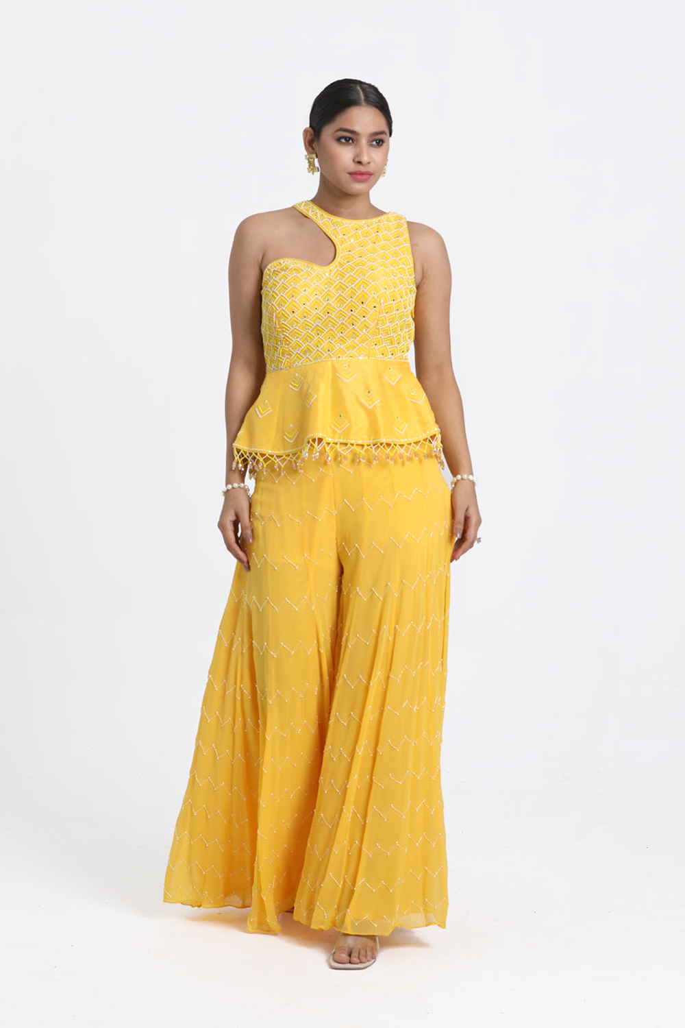 Yellow Peplum With Inserted Sharara Set.