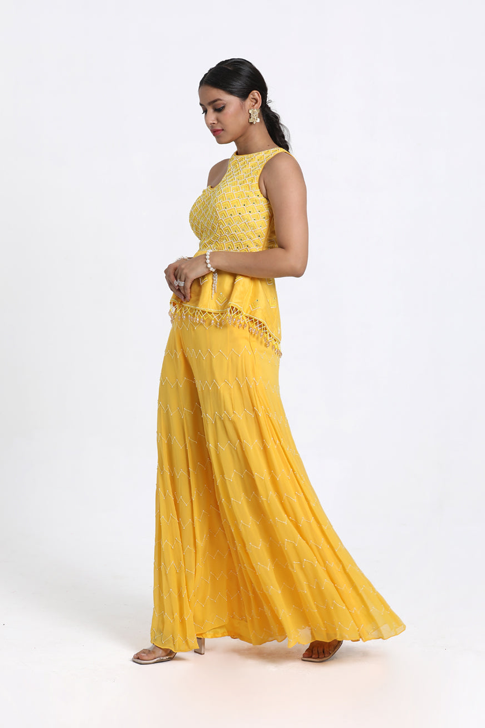 Yellow Peplum With Inserted Sharara Set.